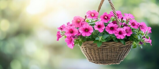 Poster - A basket of pink Petunias hanging. with copy space image. Place for adding text or design