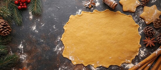 Poster - Piece of dough rolled out for making Christmas gingerbreads top view. with copy space image. Place for adding text or design