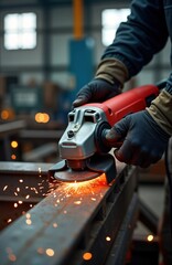 Poster - Worker uses electric grinder on steel structure. Sparks fly. Industrial work in factory. Metalworking scene. Power tools, tech equipment. Construction process. Manufacturing. Focused on technical