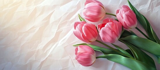 Leinwandbilder - A cluster of pink tulips resting alone on a backdrop of white Kraft paper. with copy space image. Place for adding text or design