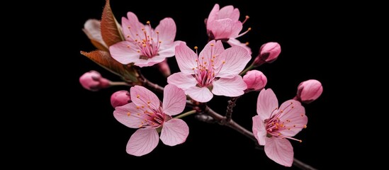 Leinwandbilder - Beautiful pink Japanese cherry blossom flowers or sakura blooming on tree branches Small fresh buds and numerous petals create a romantic floral display in a botanical garden isolated against a bla
