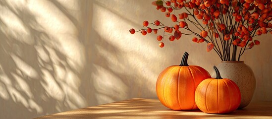 Poster - Autumn arrangement featuring orange pumpkins in preparation for Halloween Attractive shadows cast by the plant in the background. with copy space image. Place for adding text or design