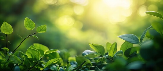 Aufkleber - A close up of lovely green leaves set against a blurred background of greenery with sunlight in a public garden park This is an example of landscape ecology and provides copy space for wallpaper an