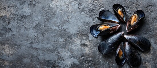 Aufkleber - Mussels on a stone concrete surface Top view copy space Square crop