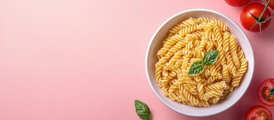 Aufkleber - Bowls containing raw pasta and tomato on a pink background. with copy space image. Place for adding text or design