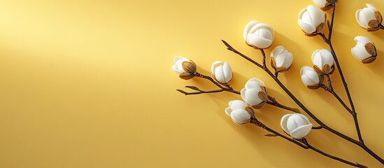 Poster - Cotton flowers on a yellow background with copy space