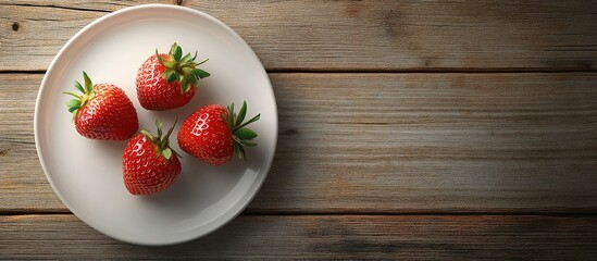 Fototapete - Strawberry on a plate resting on a wooden background with copy space