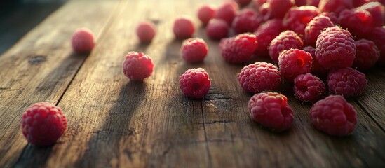 Aufkleber - Sweet raspberries on a wooden surface. with copy space image. Place for adding text or design