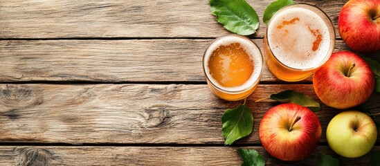 Fototapete - Tasty cider and apples with green leaves on a wooden table room for text. with copy space image. Place for adding text or design