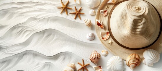 Wall Mural - The idea of a seaside vacation Shells stars a straw hat on white sand Background for summer holidays with text space Top view. with copy space image. Place for adding text or design