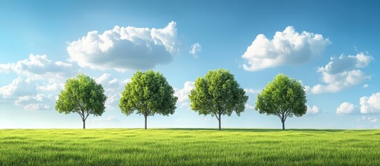 Aufkleber - Trees in the center of a green field with a backdrop of a blue sky and clouds. with copy space image. Place for adding text or design