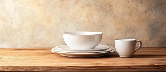 Poster - Empty tableware a white plate a bowl and a cup on a wooden table serving as a background for food photography in a vertical format. with copy space image. Place for adding text or design