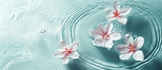 Poster - Water ripples with flowers Stylish background for showcasing cosmetic products Creative concept Copy space
