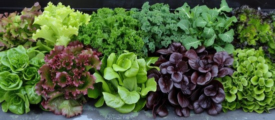 Poster - A beautiful and fresh selection of lettuces and various culinary herbs available for purchase at a garden center. with copy space image. Place for adding text or design