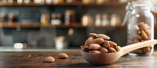 Aufkleber - Almonds in a wooden spoon on a table background Almonds in a glass jar Selective focus. with copy space image. Place for adding text or design
