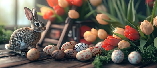 Aufkleber - Easter arrangement featuring a ladder with quail eggs a bunny and tulips on a wooden table accompanied by a sign that says Ostern. with copy space image. Place for adding text or design