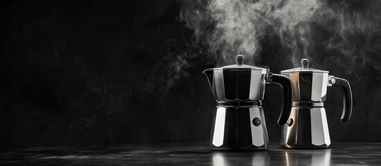 Leinwandbilder - Steam coffee maker on a table Two coffee makers against a black and white background. with copy space image. Place for adding text or design