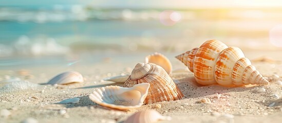 Poster - Lovely seashells on a sandy shore. with copy space image. Place for adding text or design