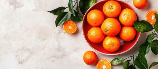 Fototapete - Red dish containing oranges and tangerines with green leaves on a light backdrop Top view copy space