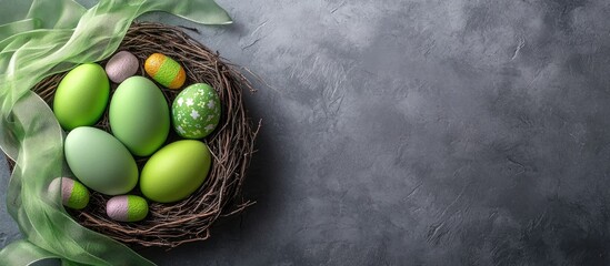 Poster - Green Easter eggs in a nest with a silk ribbon on a gray stone backdrop alongside colorful sweets Mockup for a greeting card for the spring holiday copy space top view