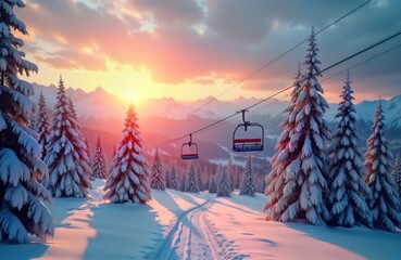 Wall Mural - Winter wonderland scene in Julian Alps mountains. Snow covered trees, mountains. Beautiful sunset colors. Ski lift. Perfect for winter sports vacation ski resort brochures. Stunning winter landscape.