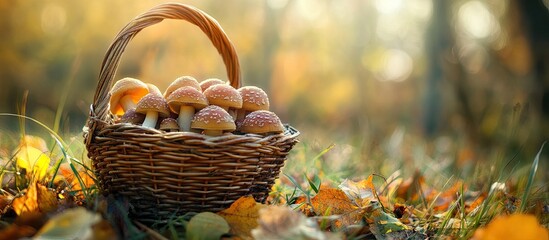 Leinwandbilder - Wicker basket containing fungus in autumn grass with copy space for text