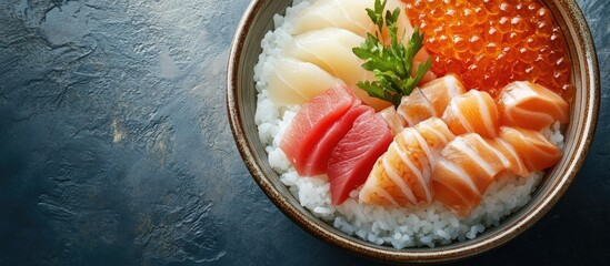 Aufkleber - Make chirashi sushi a Japanese dish consisting of rice topped with ingredients like sashimi. with copy space image. Place for adding text or design
