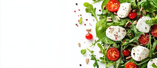 Poster - Nutritious salad featuring mozzarella cheese arugula lettuce leaves spinach tomatoes and sunflower seeds Top view copy space White background