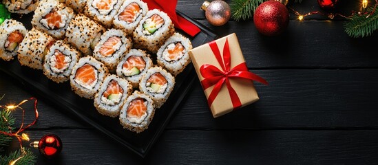 Aufkleber - Platter of delicious sushi rolls accompanied by a gift box and Christmas ornaments on a black wooden surface. with copy space image. Place for adding text or design