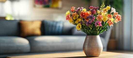 Aufkleber - Ceramic vase filled with a multicolored flower bouquet sitting on a vintage wooden coffee table with a blurred backdrop of a modern cozy living room featuring a gray couch Comfortable home interior