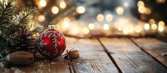 Fototapete - beautiful Christmas Eve backdrop on a rustic table with wooden ornaments. with copy space image. Place for adding text or design
