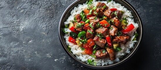 Leinwandbilder - Bowl of rice with spicy pork and vegetables copyspace for recipe a classic Asian dish