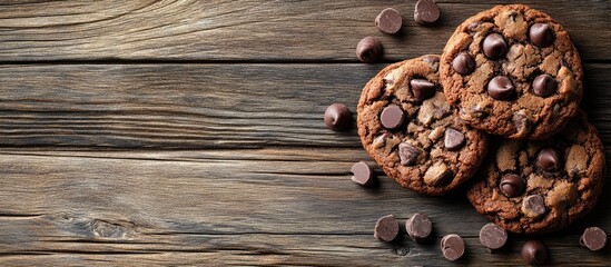 Fototapete - chocolate cookies with chocolate chips set against a wood background. with copy space image. Place for adding text or design