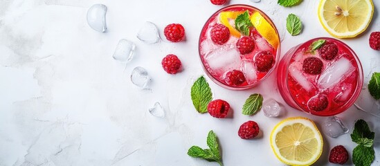 Aufkleber - Refreshing summer drinks including fruit and berry raspberry mojito or lemonade with fresh mint frozen raspberries lemon slices and ice set against a light background copy space top view