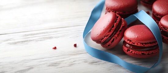 Aufkleber - Red macarons adorned with a blue ribbon on a white wooden table. with copy space image. Place for adding text or design