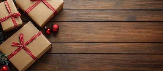 Fototapete - packaging Christmas gifts in boxes on a wooden surface from above. with copy space image. Place for adding text or design