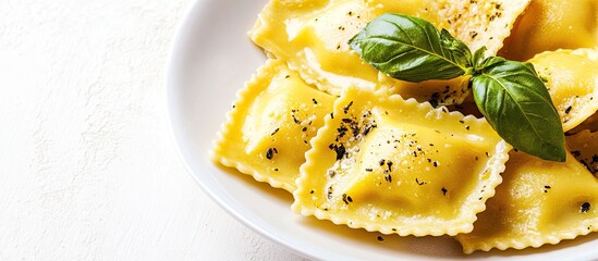Fototapete - Delicious ravioli on a white background Italian cuisine idea. with copy space image. Place for adding text or design