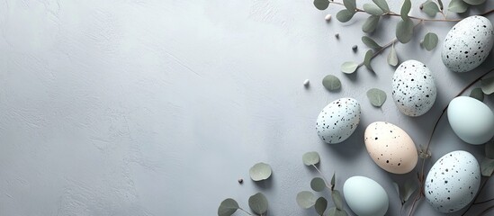 Poster - Frame composed of Easter eggs and eucalyptus branches on a grey background. with copy space image. Place for adding text or design