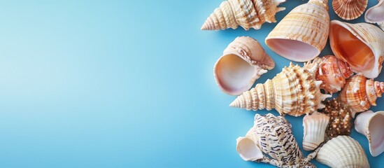 Aufkleber - seashells against a blue backdrop. with copy space image. Place for adding text or design