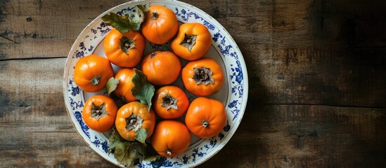 Fototapete - A plate of fresh persimmons on the table. with copy space image. Place for adding text or design