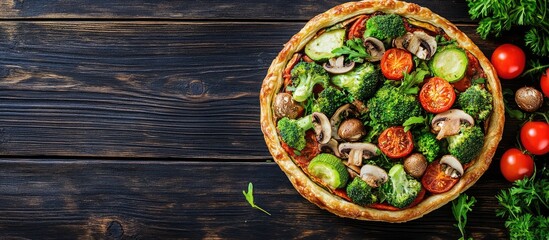Fototapete - Vegetarian pinsa featuring vegetables on Roman pastry including broccoli zucchini tomatoes mushrooms and microgreens No cheese Copy space Set against a dark wooden background Rustic top view
