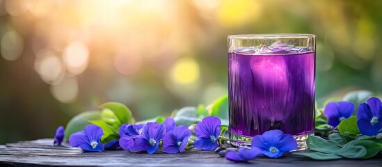 Poster - Fresh purple Butterfly pea or blue pea flowers and juice in a glass on a wooden table background with a green blurred light space for text design photo montage or advertising. with copy space image