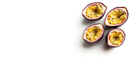 Leinwandbilder - Granadilla or passion fruit sliced open with pulp against a white background. with copy space image. Place for adding text or design