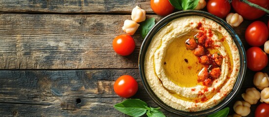 Aufkleber - Chickpea hummus drizzled with olive oil presented exclusively accompanied by vibrant tomatoes on a dark wooden backdrop featuring copy space top view Middle Eastern dish