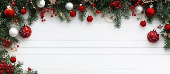 Leinwandbilder - Christmas backdrop featuring holiday decorations on a white wooden surface with copy space