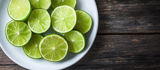 Fototapete - Fresh lime Close up of sliced limes on a white plate Wooden table Copy space
