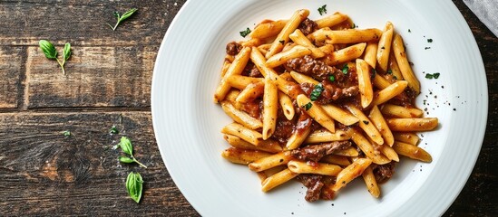 Fototapete - Pasta genovese casarecce served with genovese style beef sauce on a white plate against a rustic backdrop copyspace for a recipe