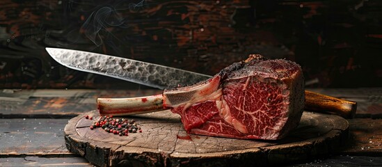 Poster - Traditional raw dry aged wagyu tomahawk steak in close up on a weathered rustic board with a large knife. with copy space image. Place for adding text or design