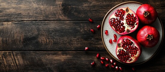 Fototapete - Juicy pomegranate with seeds on a plate on a dark wooden table viewed from above with copy space