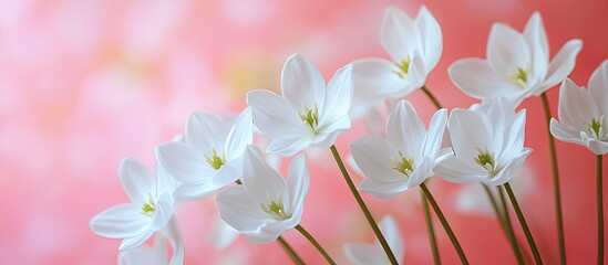 Leinwandbilder - Macro world featuring white forest flowers against a pink background in nature Blooming natural forest flowers captured through macro photography for cards with a stunning array of macro flowers as